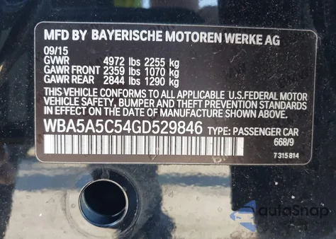 2016 BMW 528I из США, поврежденный, VIN WBA5A5C54GD529846